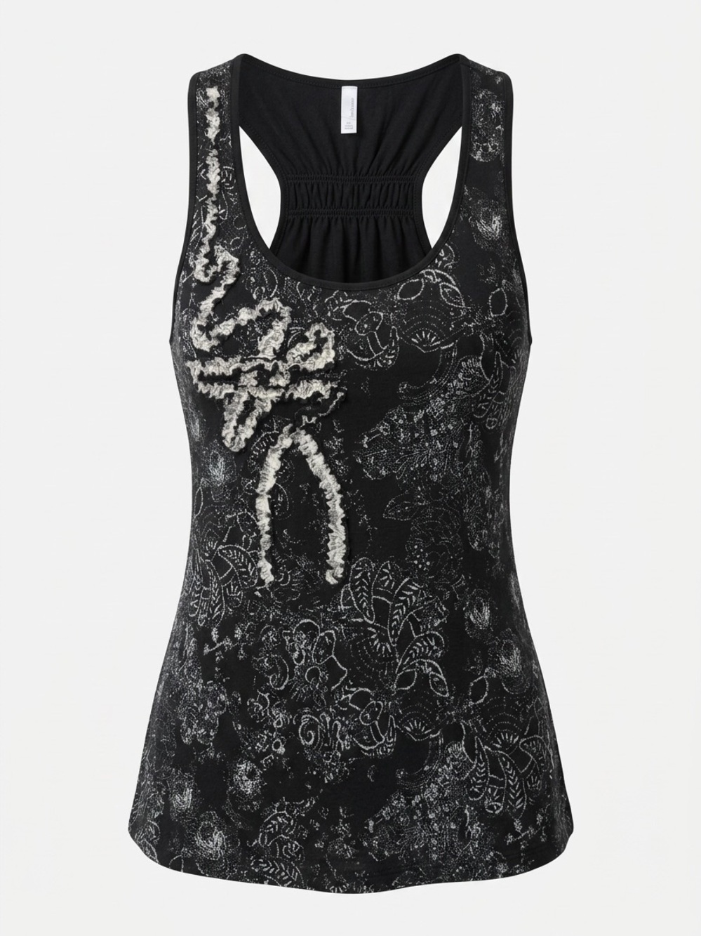 Studio Y Black Floral Racerback Tank with Cream Appliqué